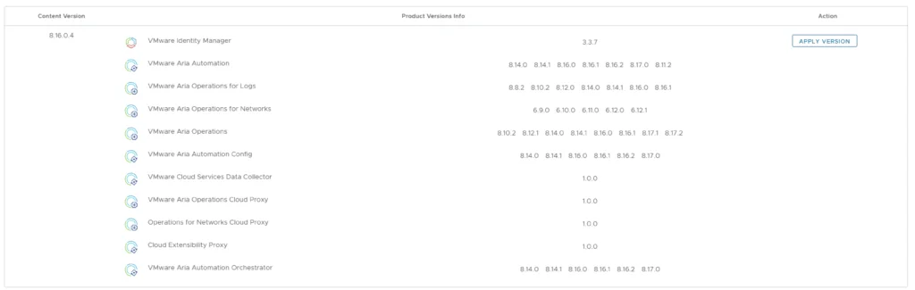UI shows product versions and “Apply Version” button for Aria Suite.