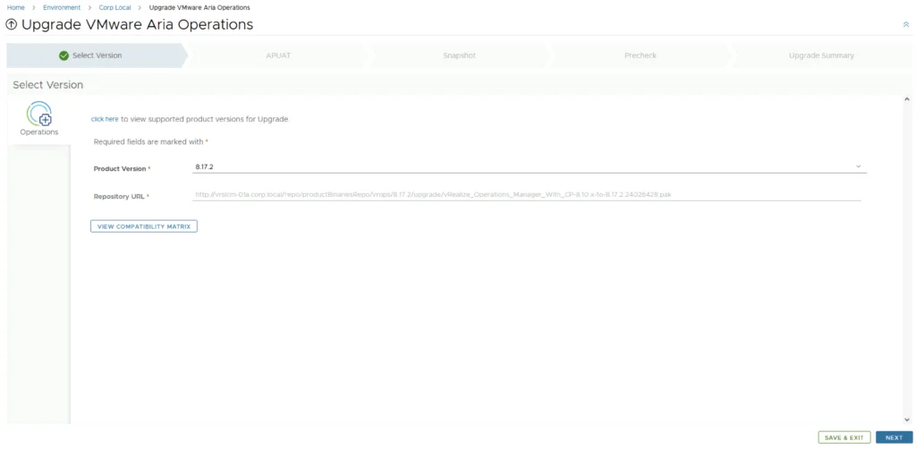 Upgrade wizard step: Select Version; shows product version 8.17.2 and repository URL.