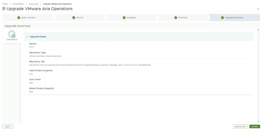Upgrade Summary shows version 8.17.2, repository details, and options for snapshot. Next and Submit buttons are visible.