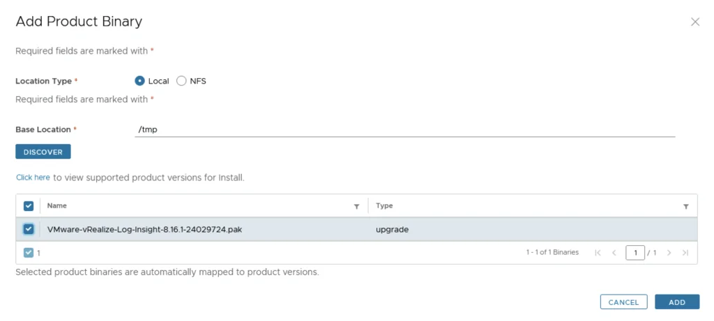 Adding product binary for upgrade, selecting VMware vRealize Log Insight 8.16.1.