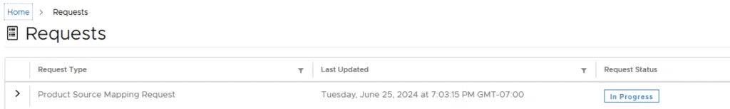 Requests page showing “Product Source Mapping Request” in progress.