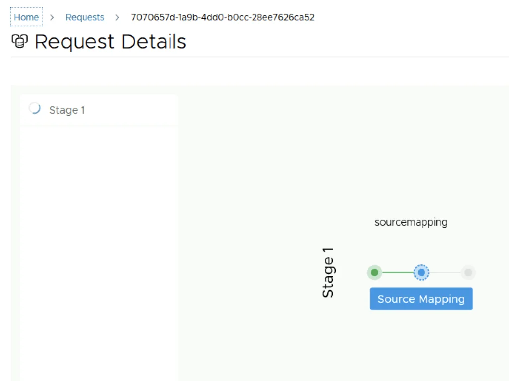 Request details show “Stage 1” with “Source Mapping” and progress bar.