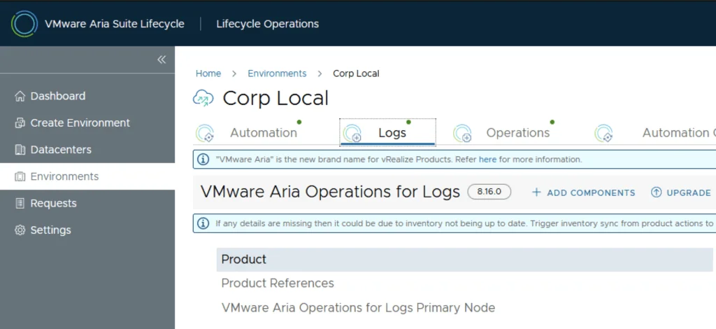 The UI shows “VMware Aria Operations for Logs” version 8.16.0 with an “Upgrade” link.