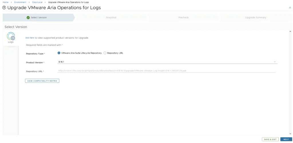 Upgrade screen shows selecting version 8.16.1 for VMware Aria Operations for Logs.
