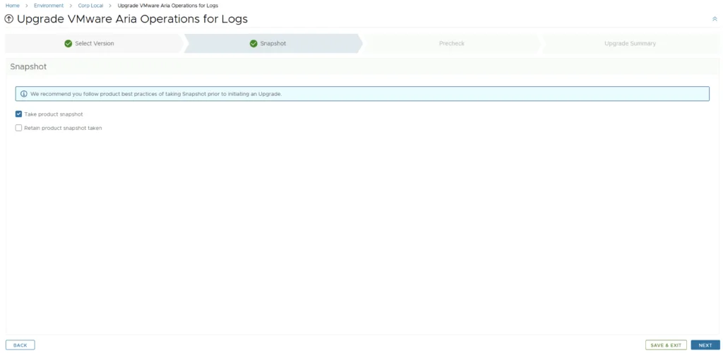 Upgrade wizard step: Snapshot. Option to take and retain snapshot.