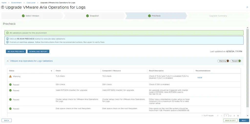 The Precheck step confirms no errors, showing TLS and SSH checks passed, and disk space sufficient for upgrade.