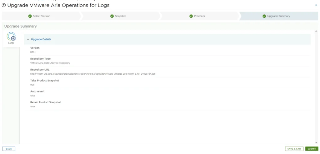 Upgrade summary shows version 8.16.1, repository type, URL, and options for snapshot and auto revert. Click “Submit” to proceed.