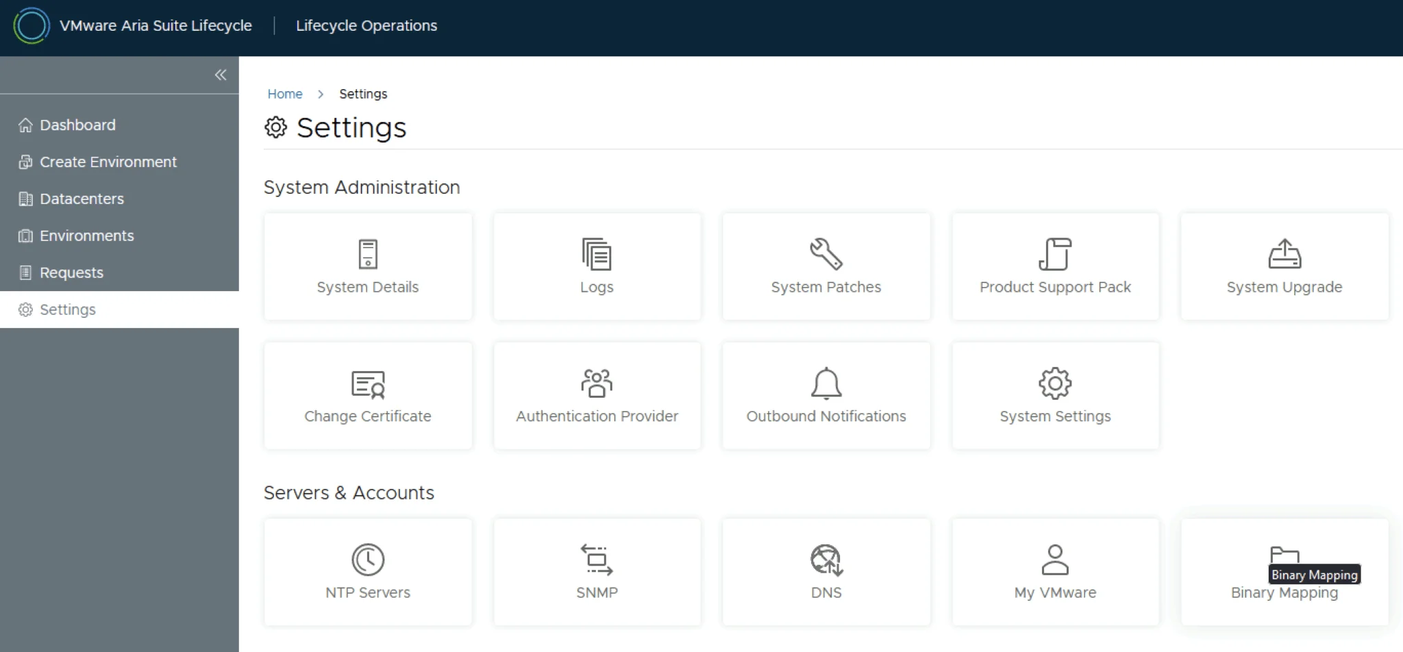 Settings page for VMware Aria Suite Lifecycle showing various system administration and server/account options.