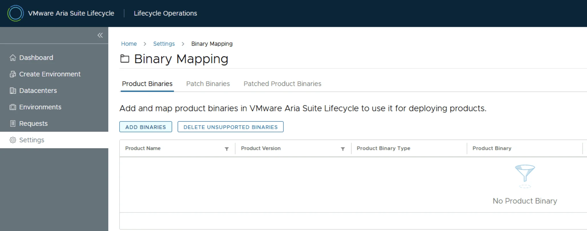 Binary Mapping page in VMware Aria Suite Lifecycle showing Add Binaries button.