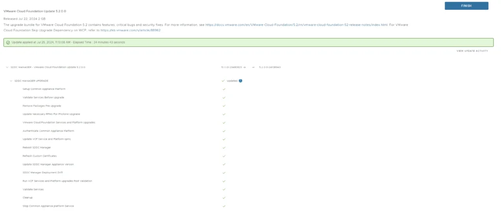 The image shows the completion of an upgrade wizard step for VMware Cloud Foundation 5.2.0.0.