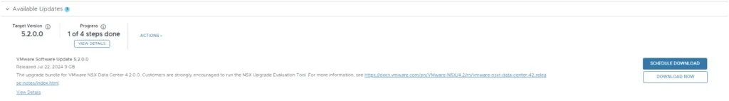 Upgrading VCF 5.x to 5.2: Progress shows 1/4 steps done.