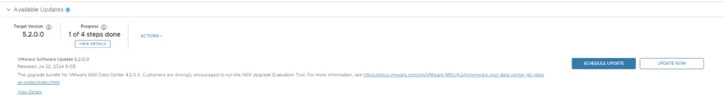 Updating NSX Data Center 4.2 to 5.2 via a wizard with 1 of 4 steps completed.
