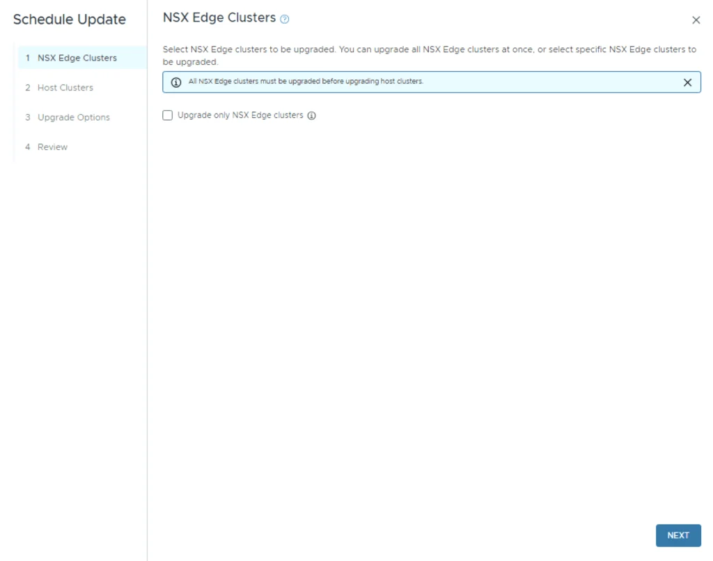 Select NSX Edge clusters to upgrade; click Next.