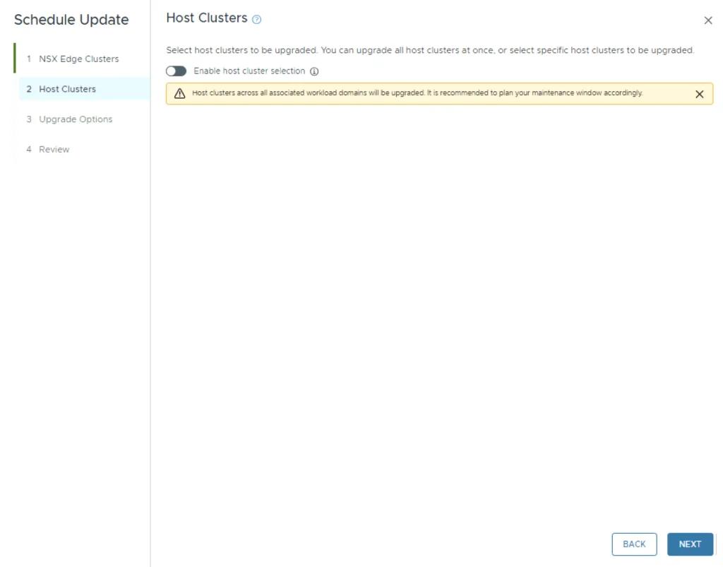 Host Cluster selection screen for upgrading VCF 5.x to 5.2.