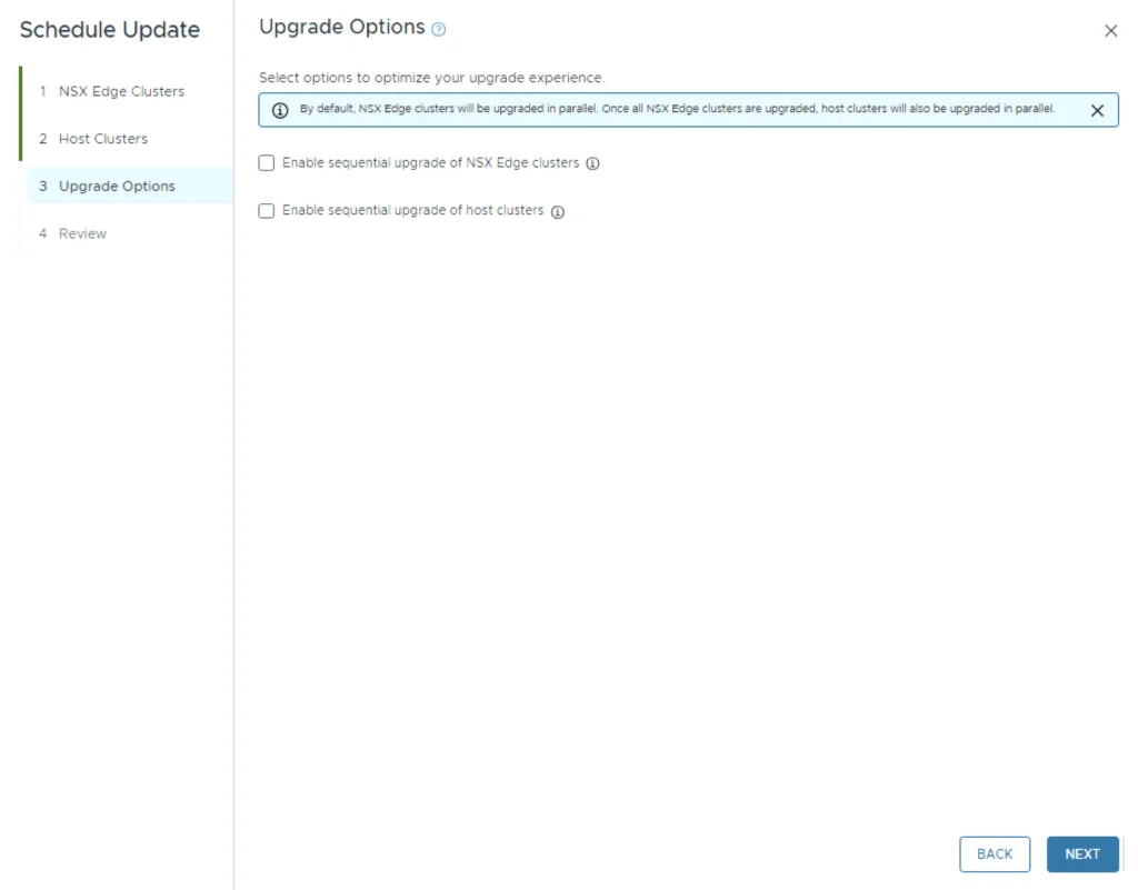 Upgrade Options screen for VCF 5.x to 5.2 upgrade, showing sequential upgrade options.