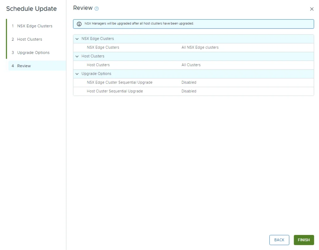 Reviewing upgrade options for NSX Edge and Host Clusters, then click Finish.