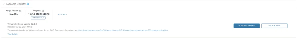 Upgrading to VCF 5.2.0, 1/4 steps done, progress bar shows 1 of 4.