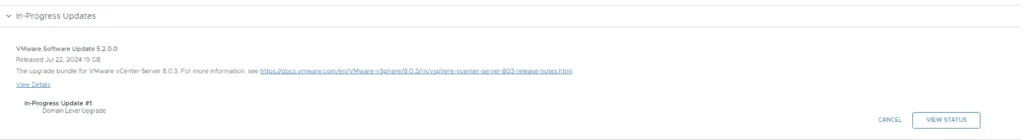 The image shows an in-progress update for VMware Software Update 5.2.0.0, with a link to release notes and a view status button.