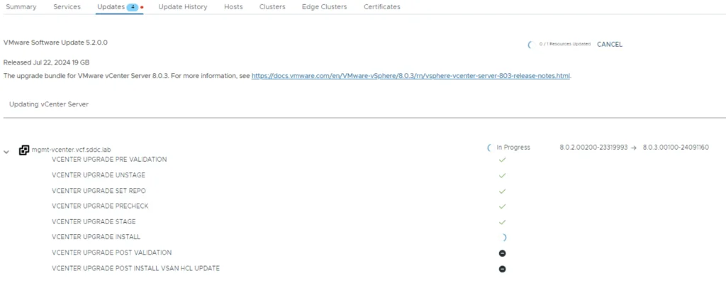 Upgrading vCenter Server in progress, showing various stages like pre-validation and unstage.
