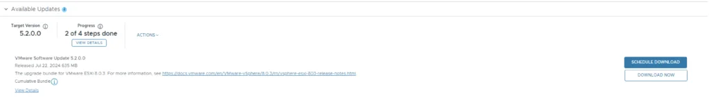 Progress bar shows 2 of 4 steps done for VMware Software Update 5.2.0.