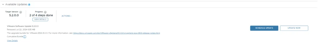 Update progress shows 2/4 steps complete for VCF 5.2.0 upgrade.