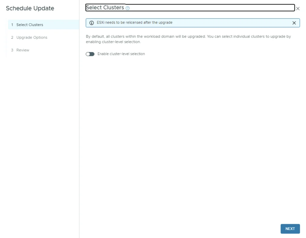 Upgrading VCF 5.x to 5.2: Select Clusters step; enable cluster-level selection for specific upgrades.