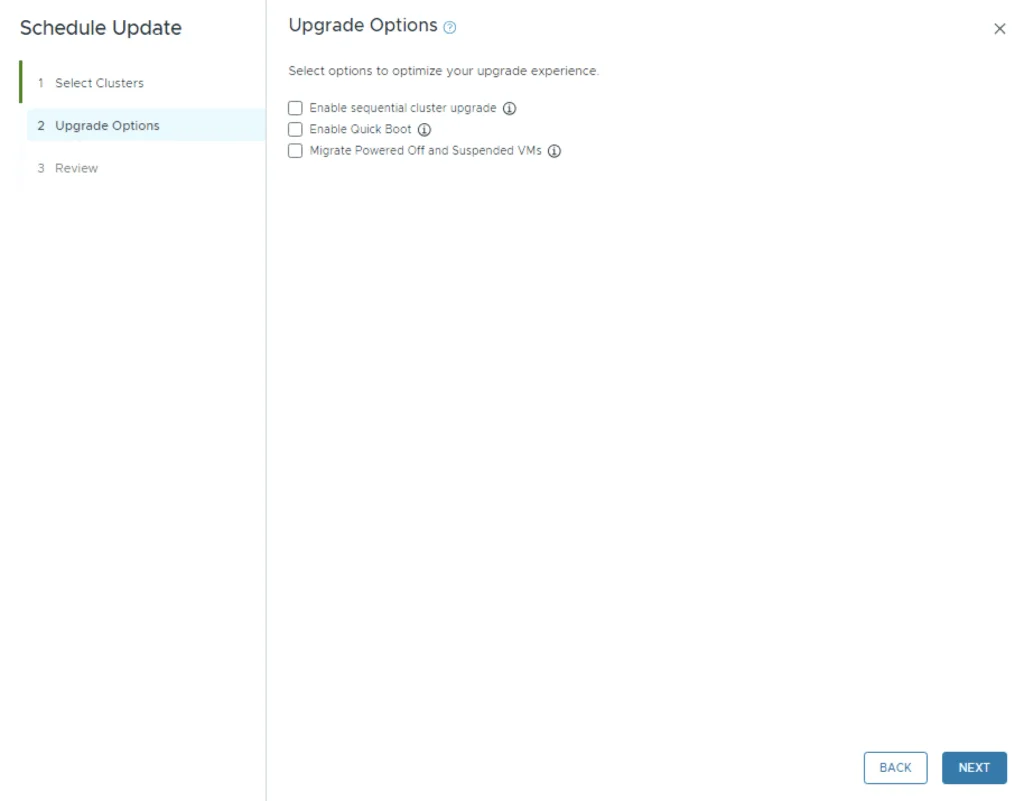 Upgrade Options screen in VCF upgrade wizard, showing checkboxes for sequential cluster upgrade, quick boot, and VM migration.