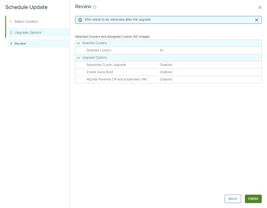 Reviewing upgrade options for VCF 5.x to 5.2, showing selected clusters and upgrade settings.