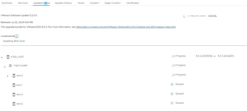 Upgrading ESXi hosts in progress for VCF 5.x to 5.2.