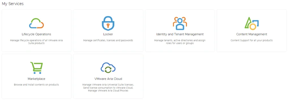 The image shows a VMware Aria Suite dashboard with options for lifecycle operations, locker management, identity and tenant management, content management, marketplace browsing, and VMware Aria Clo...