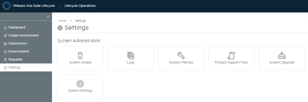 Settings page with options like System Details, Logs, Patches, Support Pack, Upgrade, and System Settings.