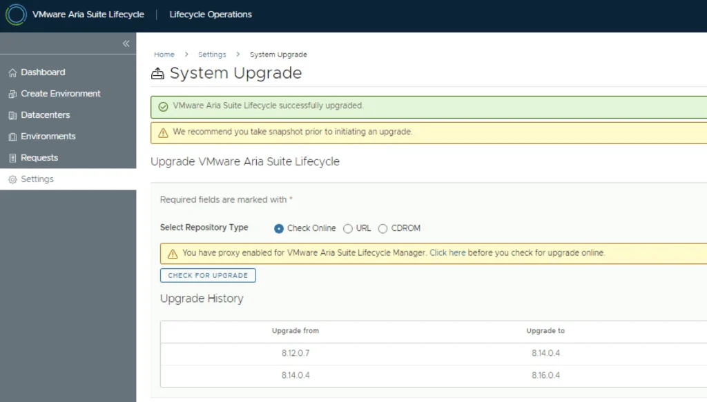 System upgrade page shows successful upgrade to 8.14.0.4, with options to check online or use a URL/CDROM.