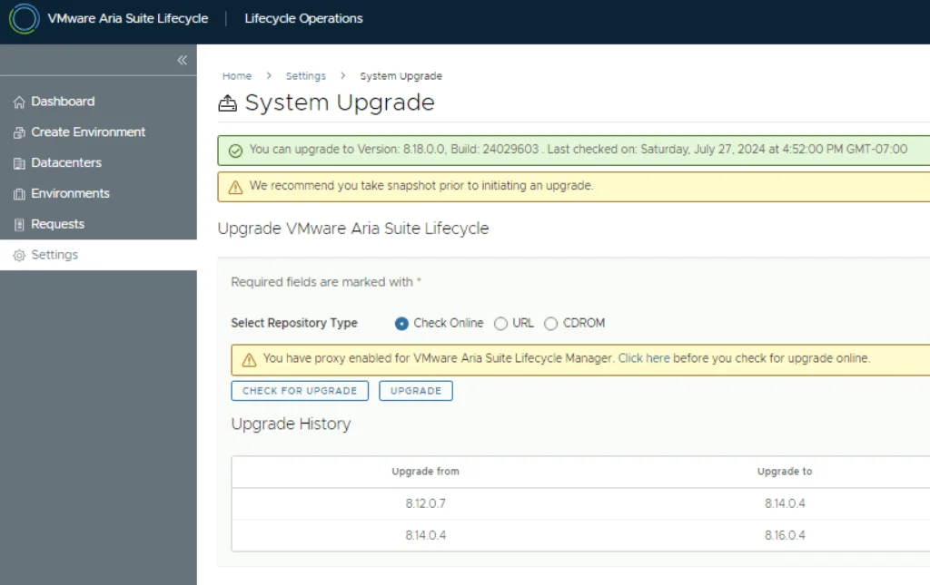 Upgrade VMware Aria Suite Lifecycle to 8.18.0.0.