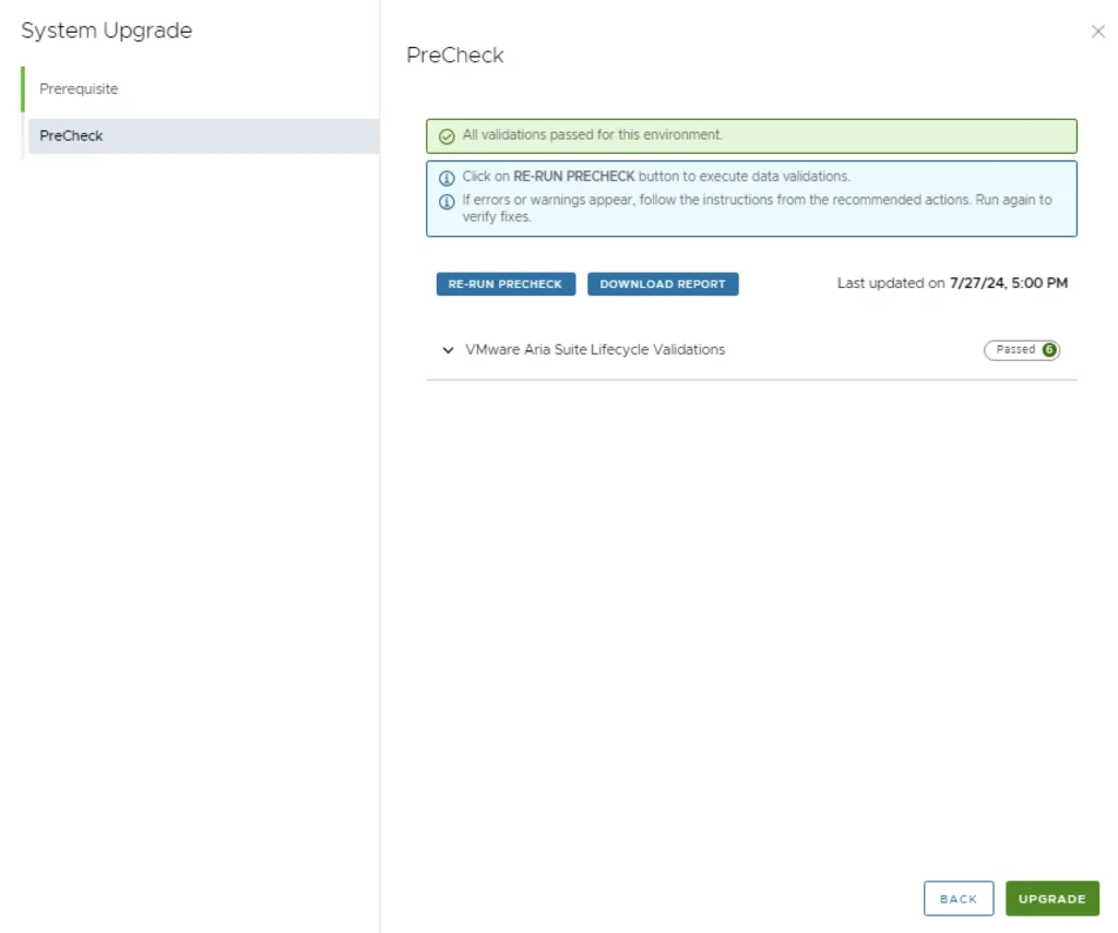 System upgrade precheck confirms all validations passed; click “Upgrade” to proceed.