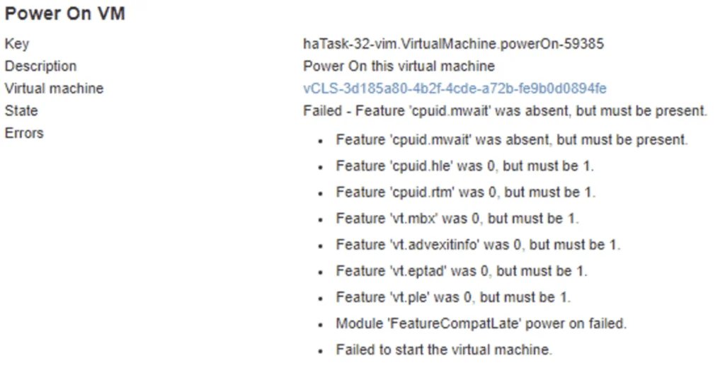 VM power-on fails due to missing CPU features.