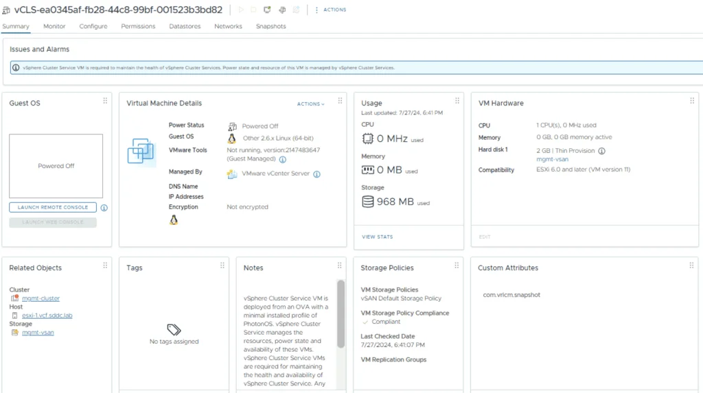 VM details show powered off, guest OS, and usage stats.