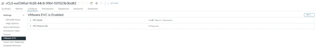 The screenshot shows the VMware EVC settings in vCenter, indicating CPU mode and feature set.