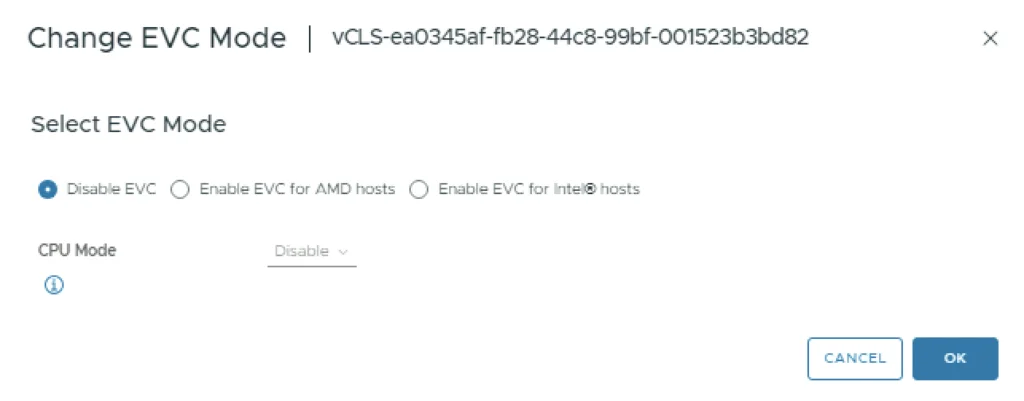 Select EVC Mode: Disable EVC, CPU Mode: Disable, OK button.