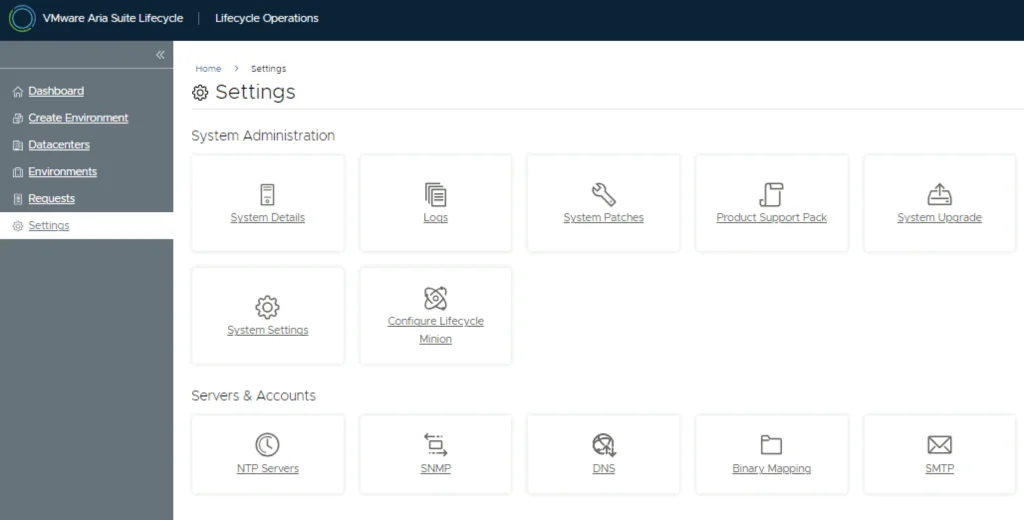 Settings page for VMware Aria Suite Lifecycle showing various system administration and server management options.