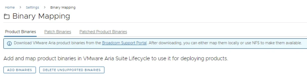 Binary Mapping page for VMware Aria Suite Lifecycle showing Product Binaries tab and options to add or delete unsupported binaries.