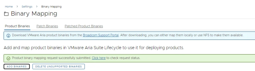 Binary Mapping page shows download instructions and status for VMware Aria product binaries.