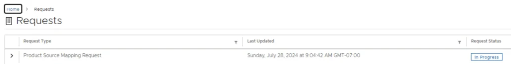 The image shows a “Requests” section with a “Product Source Mapping Request” in progress.