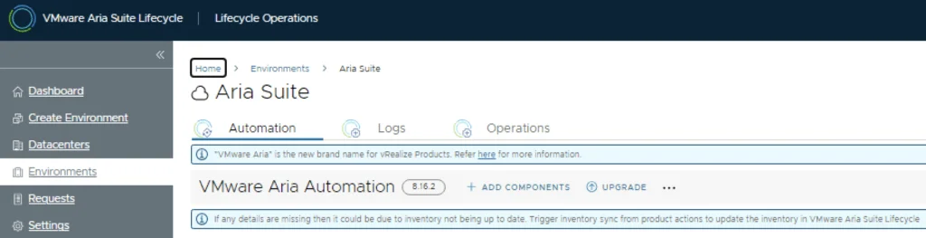 The image shows the VMware Aria Automation upgrade page with options to add components and upgrade.