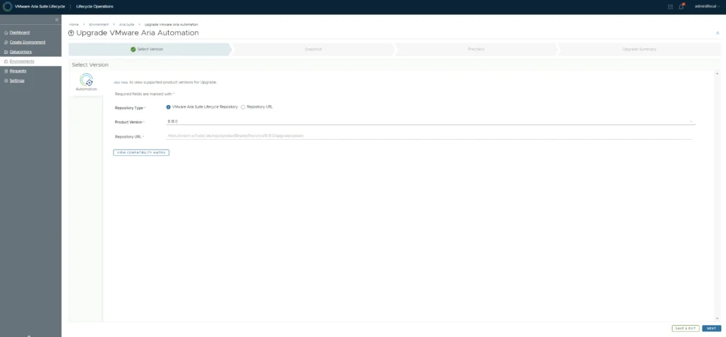 Upgrade VMware Aria Automation to 8.18; click Next to proceed.
