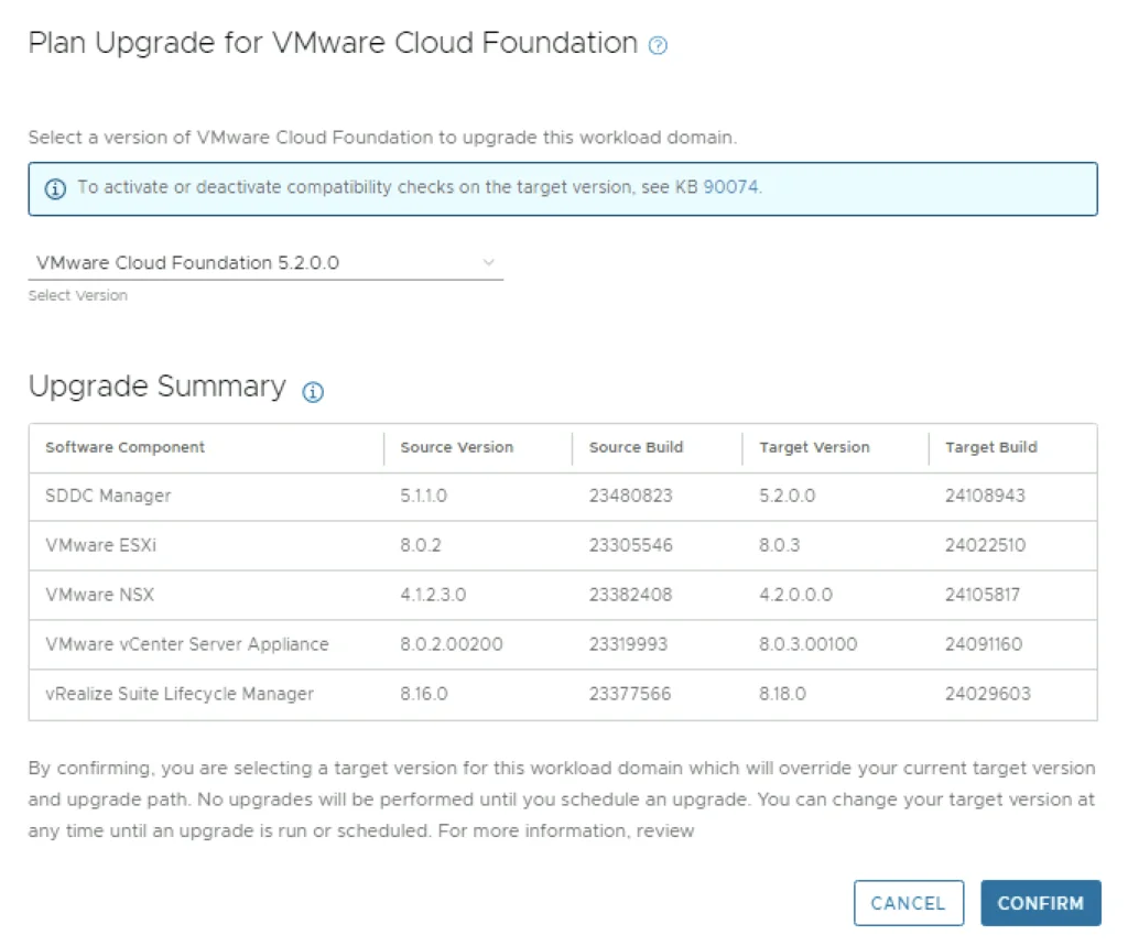 Plan Upgrade for VMware Cloud Foundation shows version selection and upgrade summary for VCF 5.2.