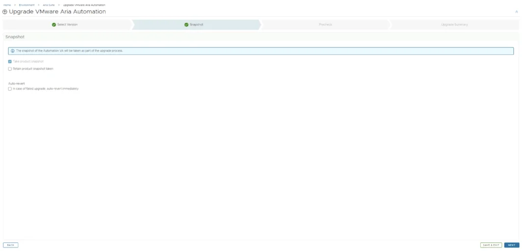 Upgrade VMware Aria Automation wizard step: Snapshot. Options include taking product snapshot, retaining snapshot, auto-revert. Click Next.