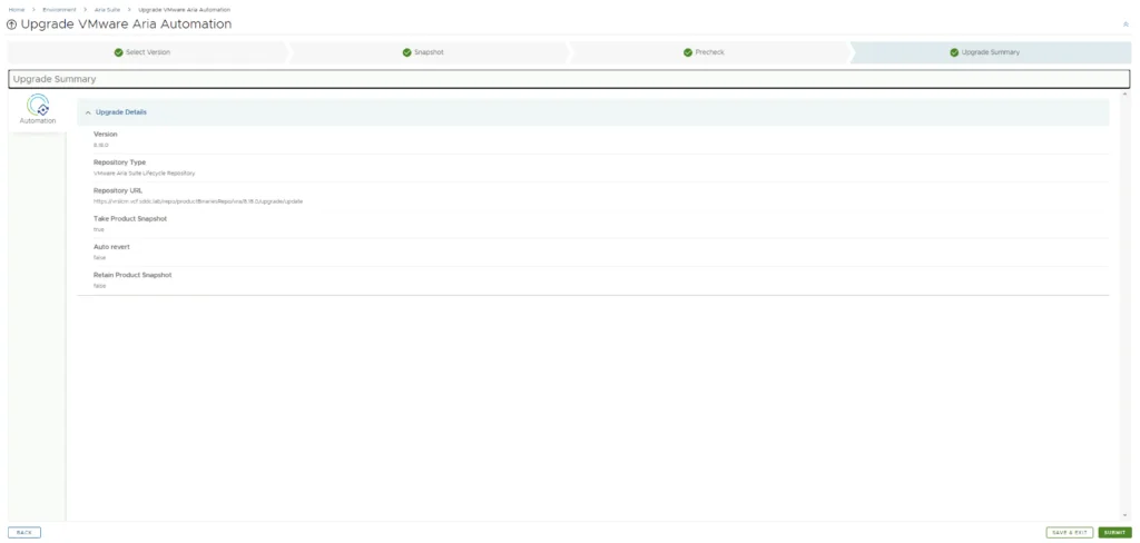 Upgrade summary shows version 8.18 details, repository info, and options. Click Submit to proceed.