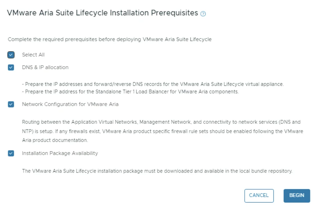 Prerequisites for VMware Aria Suite Lifecycle installation are listed: DNS/IP, network config, and installation package availability. Click “BEGIN” to proceed.