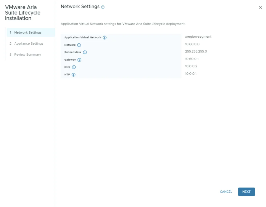 Network settings for VMware Aria Suite Lifecycle deployment shown, ready to proceed.