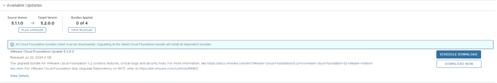 The screenshot shows a step in upgrading VMware Cloud Foundation, with a notice to download the latest update bundle.